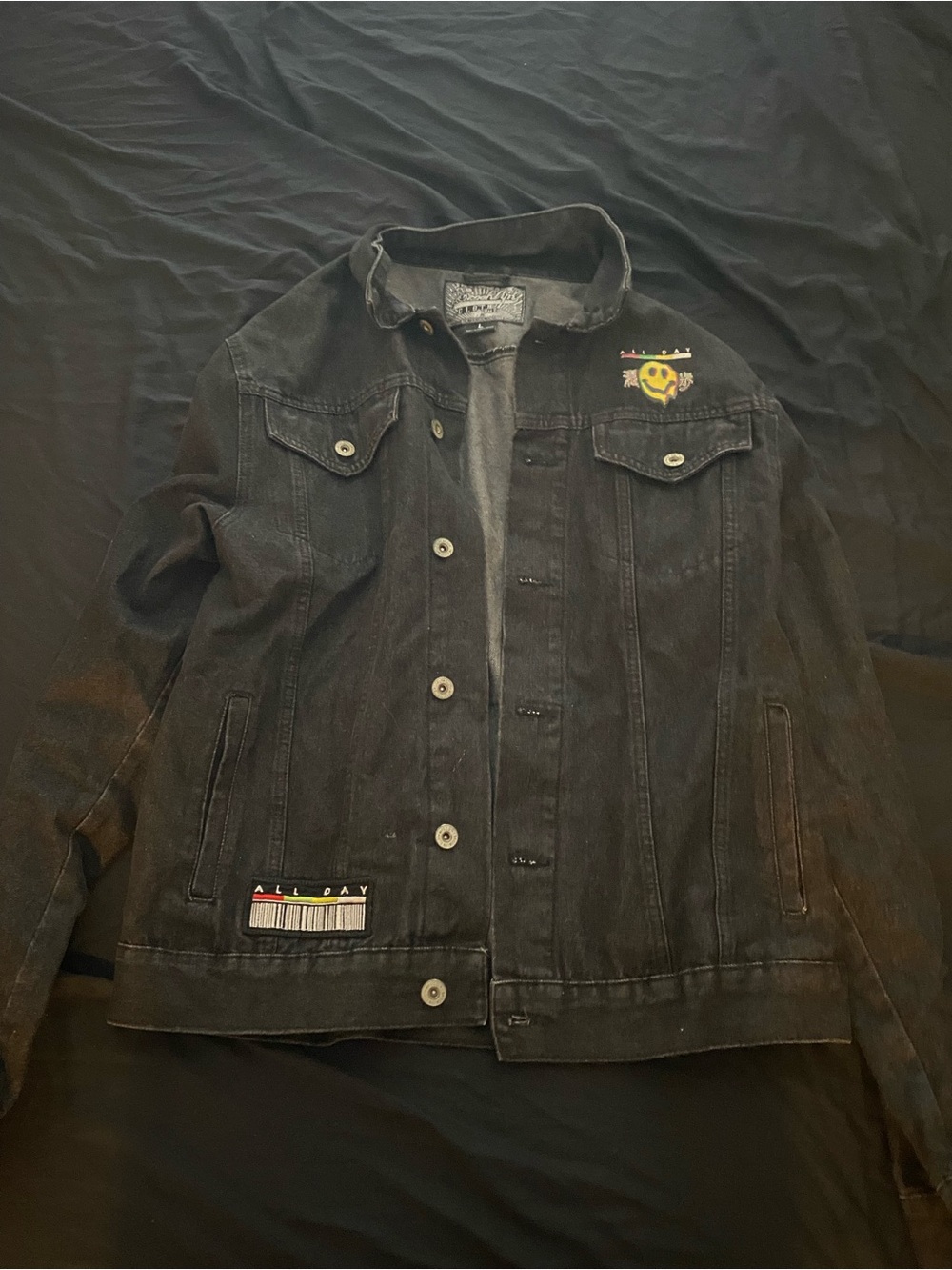 Cool Black Denim Smiley Graphic Jacket